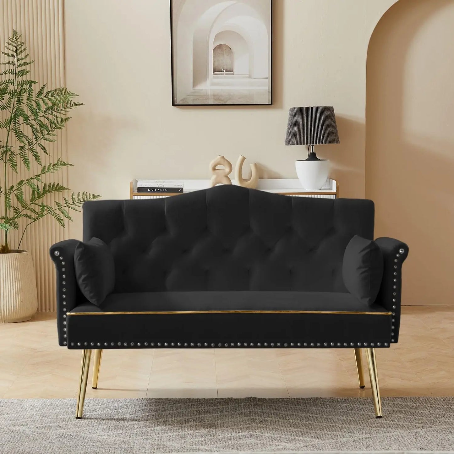 Small Velvet Loveseat Sofa with Gold Metal Legs