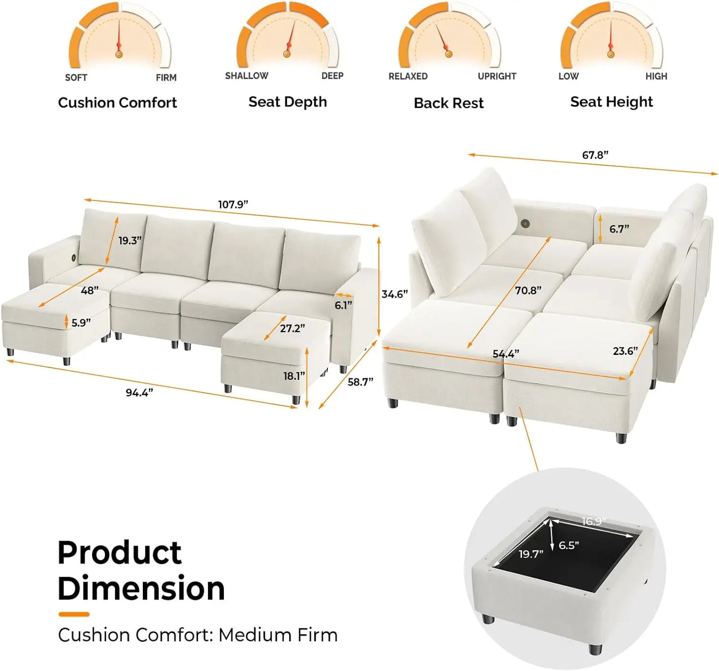 U-Shaped Storage Modular Sectional Sofa Sleeper In Usb Built-In Charger