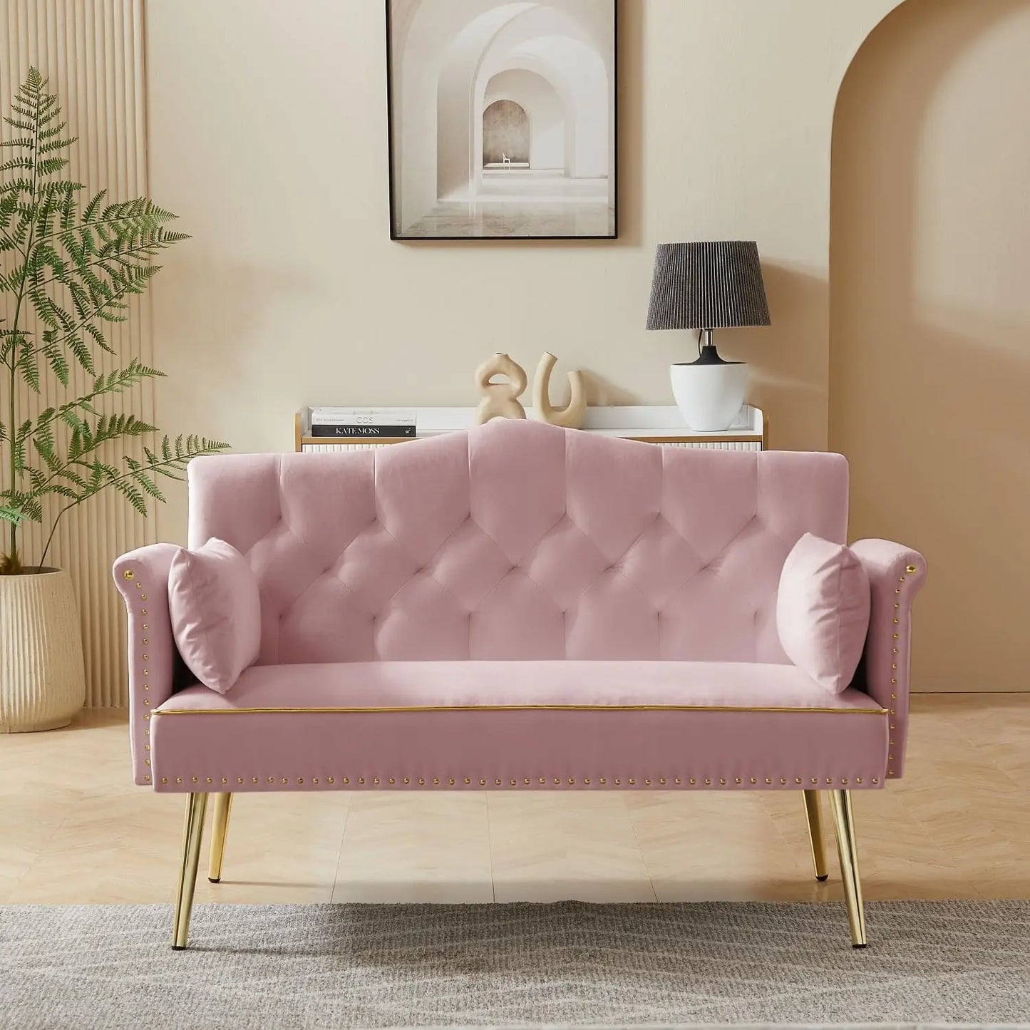 Small Velvet Loveseat Sofa with Gold Metal Legs