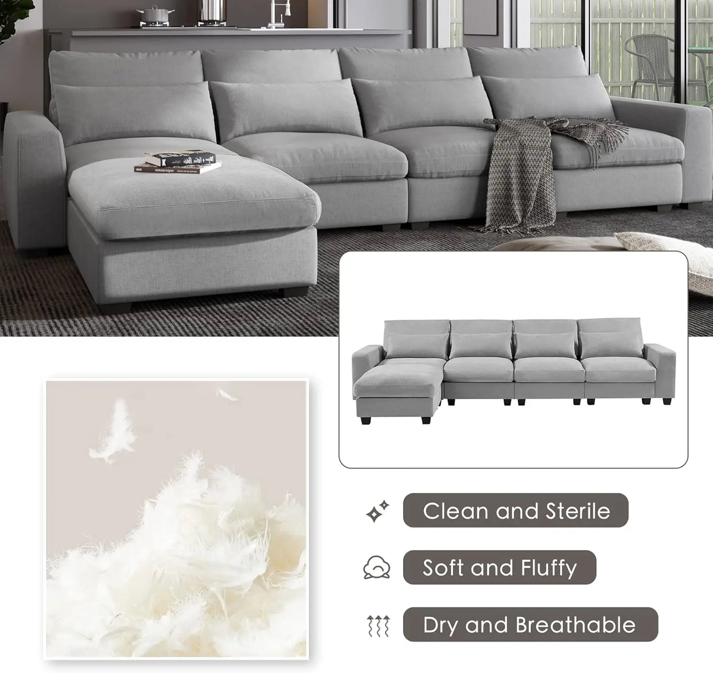 Modular Ottoman Deep Seat Upholstered Cloud Sectional Sofa