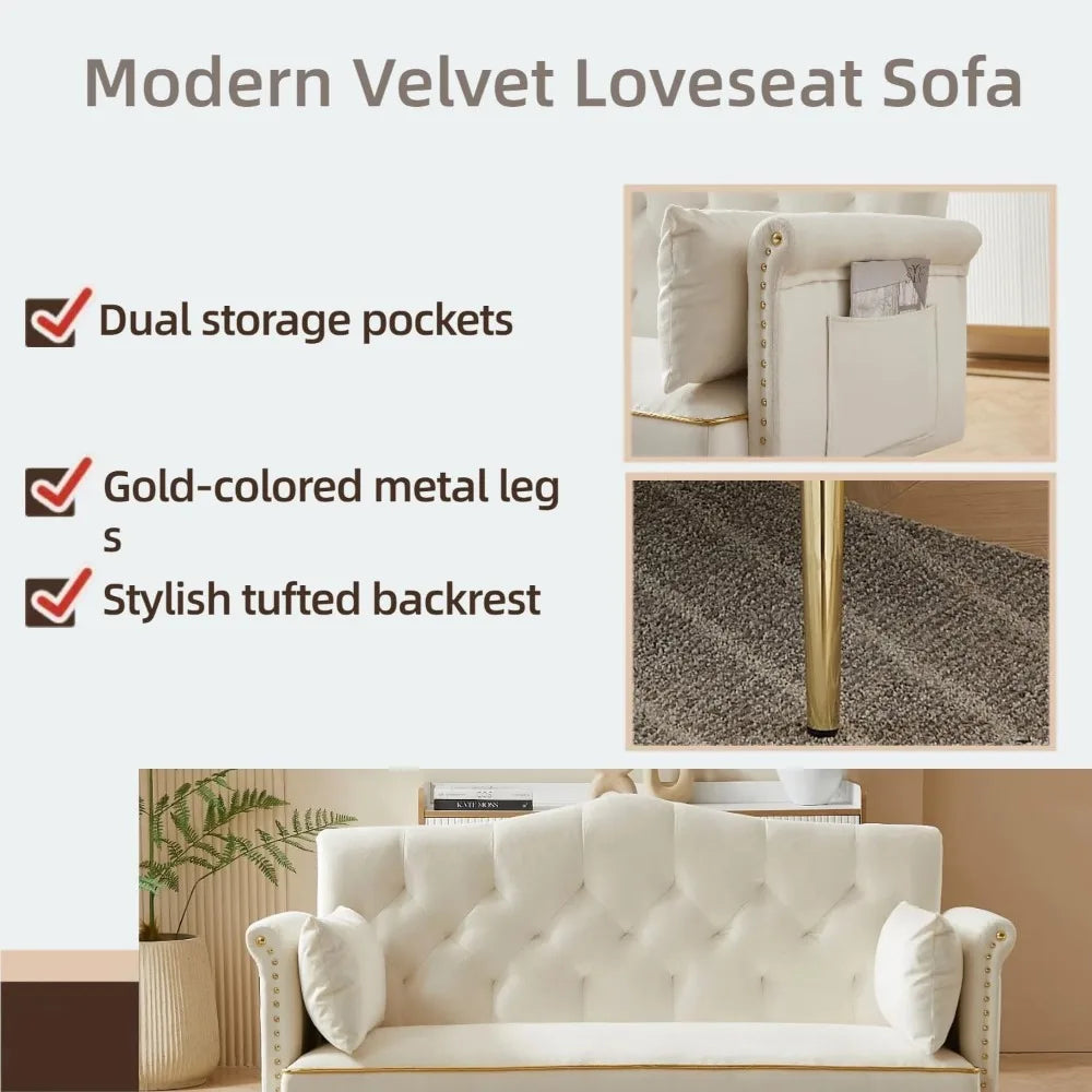 Small Velvet Loveseat Sofa with Gold Metal Legs