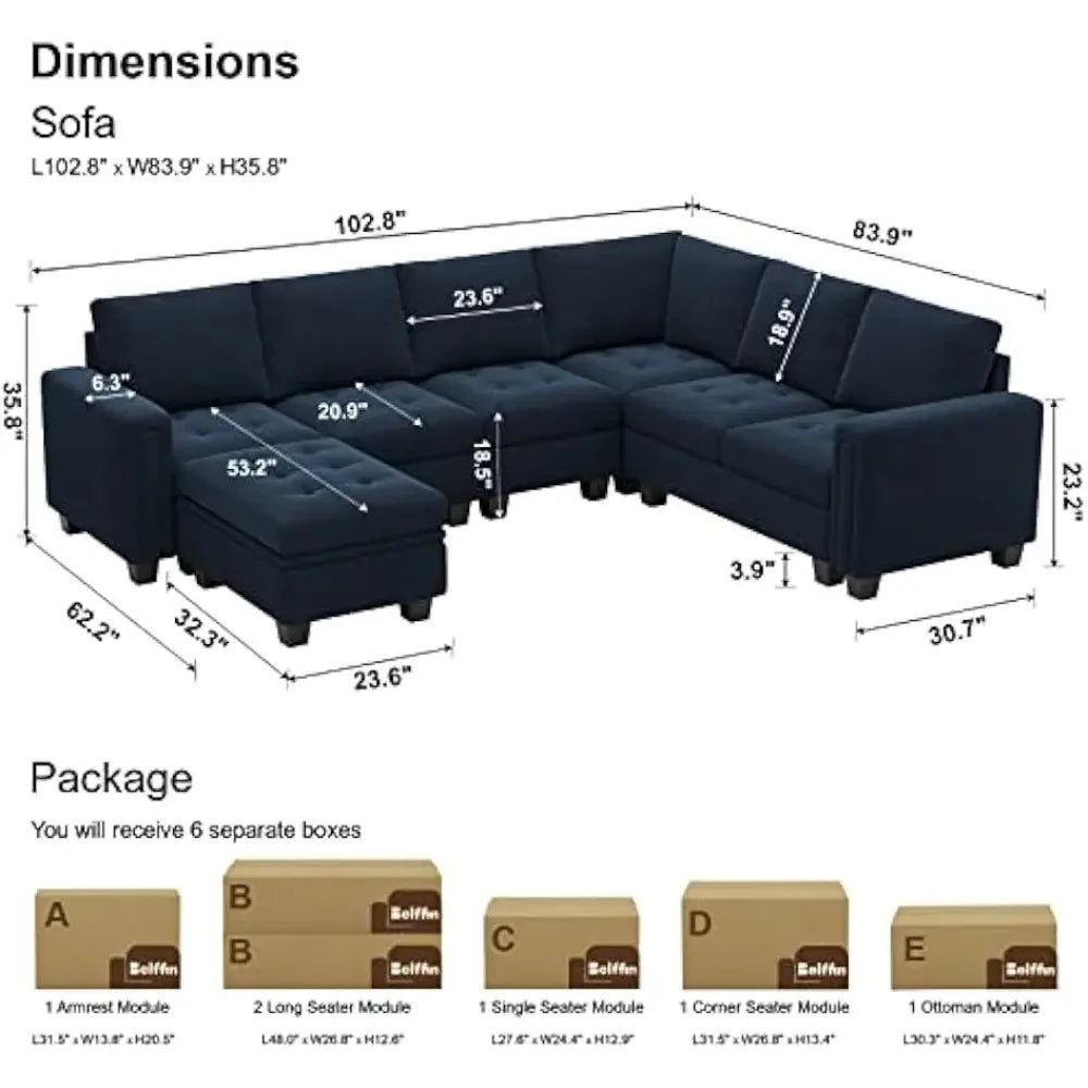 Velvet Modular Sectional Sofa with Storage Ottoman 6 Seater