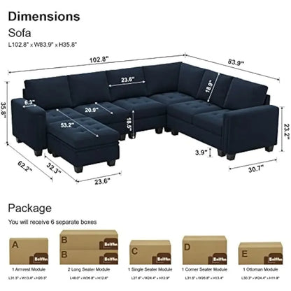 Velvet Modular Sectional Sofa with Storage Ottoman 6 Seater