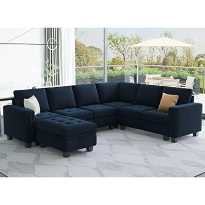 Velvet Modular Sectional Sofa with Storage Ottoman 6 Seater