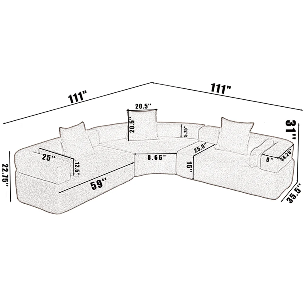 Modern 3 Piece Semicircular Modular Sofa, Boucle