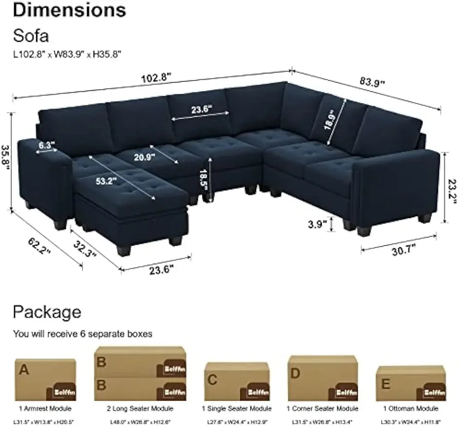 Velvet Modular Sectional Sofa with Storage Ottoman 6 Seater