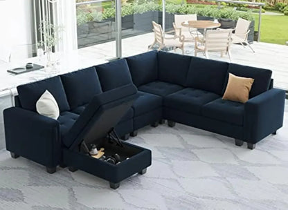 Velvet Modular Sectional Sofa with Storage Ottoman 6 Seater