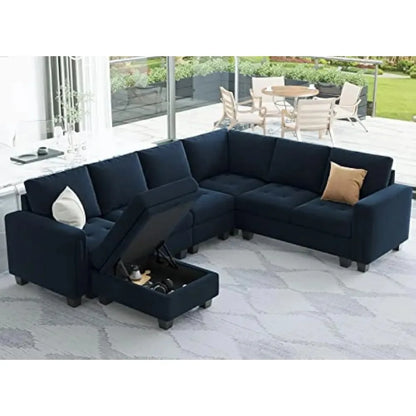 Velvet Modular Sectional Sofa with Storage Ottoman 6 Seater