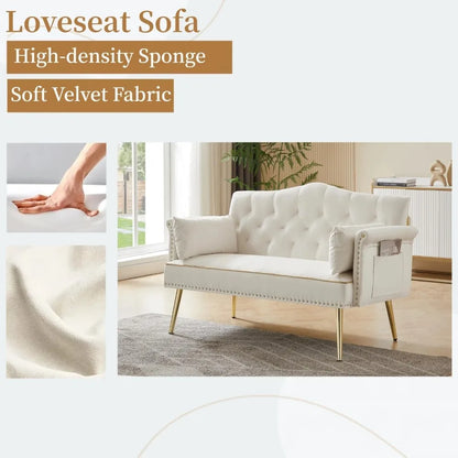 Small Velvet Loveseat Sofa with Gold Metal Legs