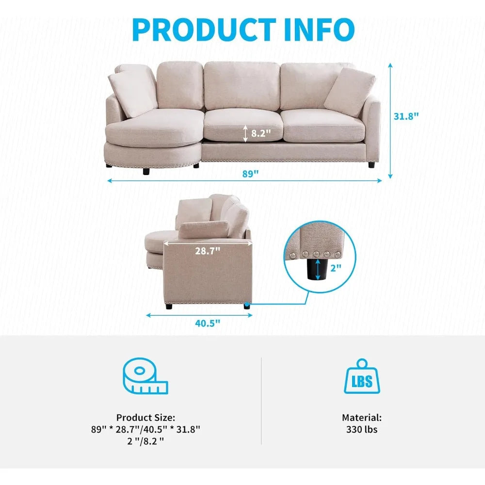 3-Seat Cloud  Minimalist Sofa, Linen Fabric