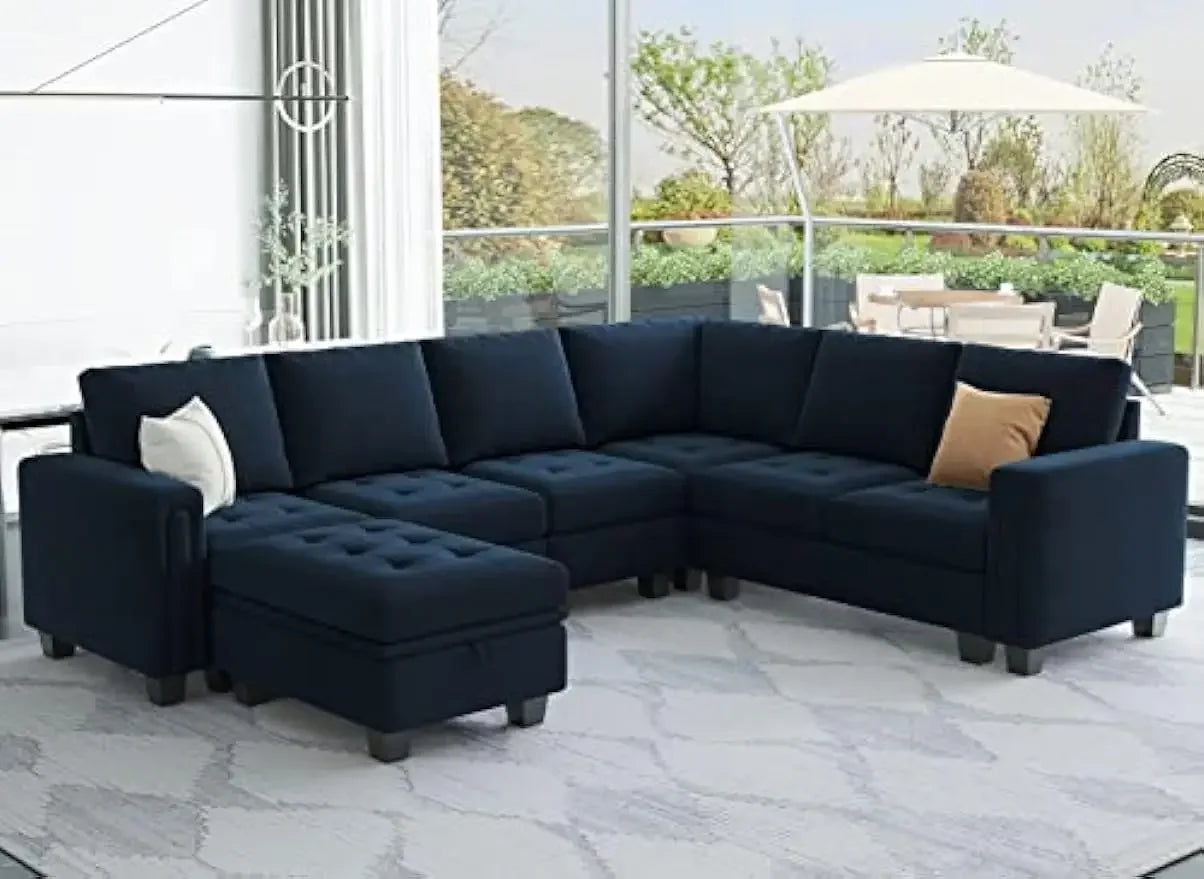 Velvet Modular Sectional Sofa with Storage Ottoman 6 Seater